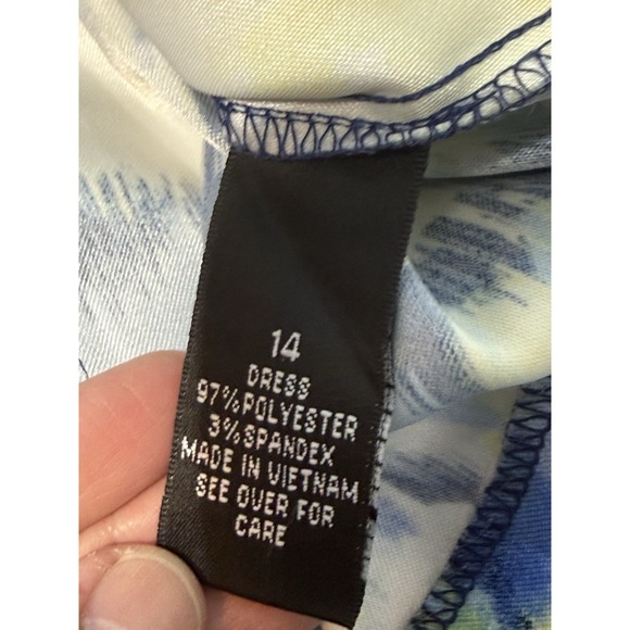 AGB Blue Yellow Floral Sheath Dress Cap Sleeve Midi Stretch Twill Size 14 - Picture 10 of 11